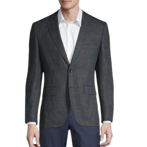 Hugo Boss Blazer Mens 42R Blue Gray Stretch Wool Viscose Plaid Sport Coat Jacket - Picture 1 of 14
